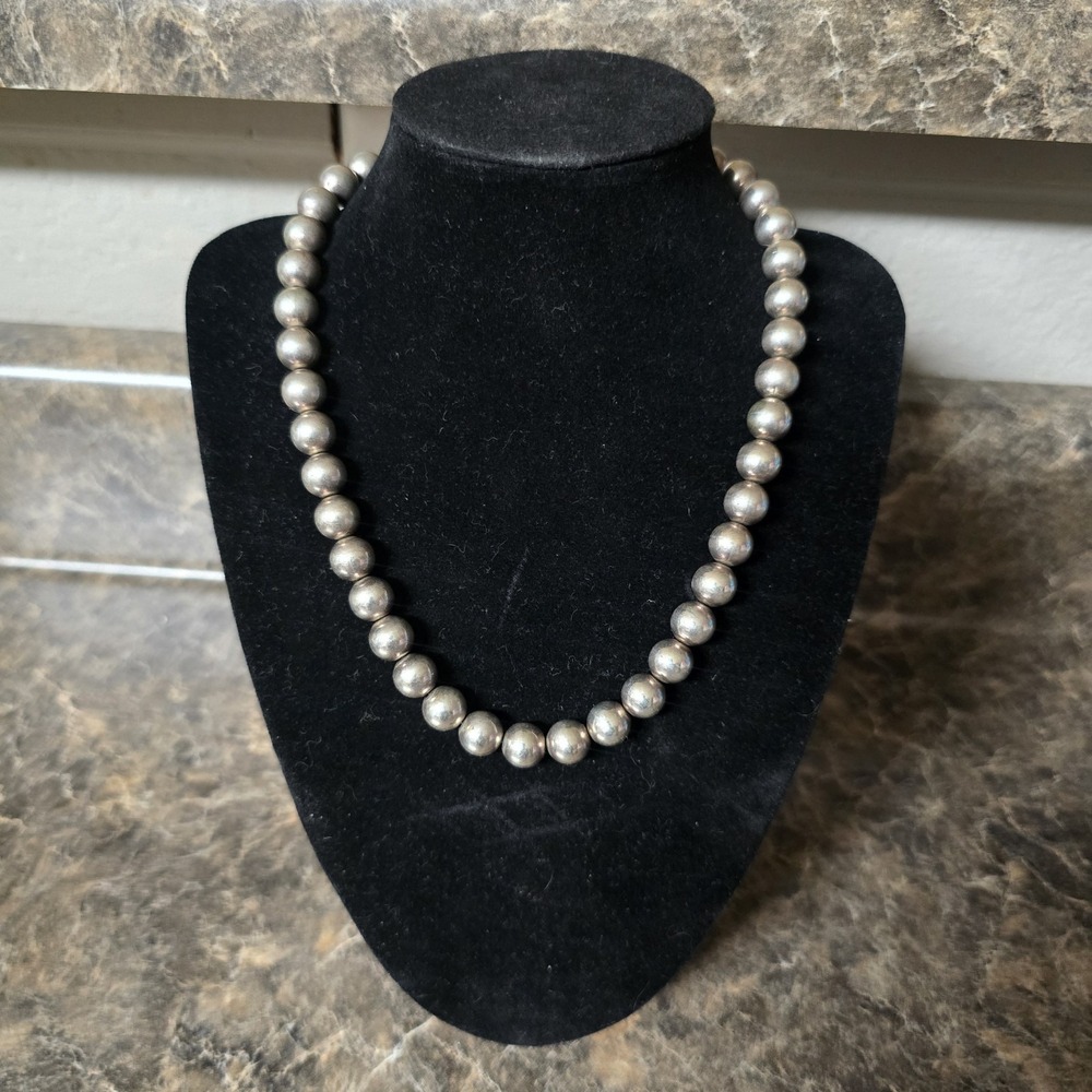 925 Sterling Silver Round Bead Necklace 16" 50.6g Southwestern Style Vintage